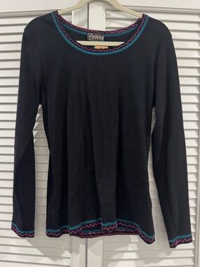 Black Long-Sleeve Embroidered Trim Tee by